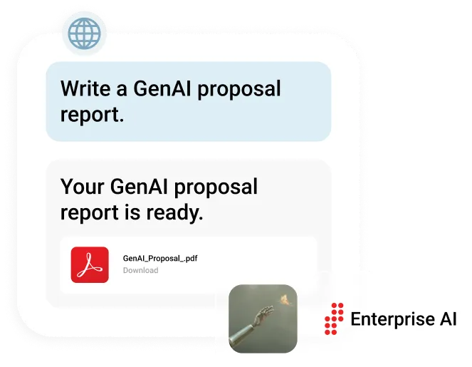 Graphic showing a prompt for Alis Exchange Enterprise AI to write a proposal report producing the pdf ready product, indicating productivity in business objectives.