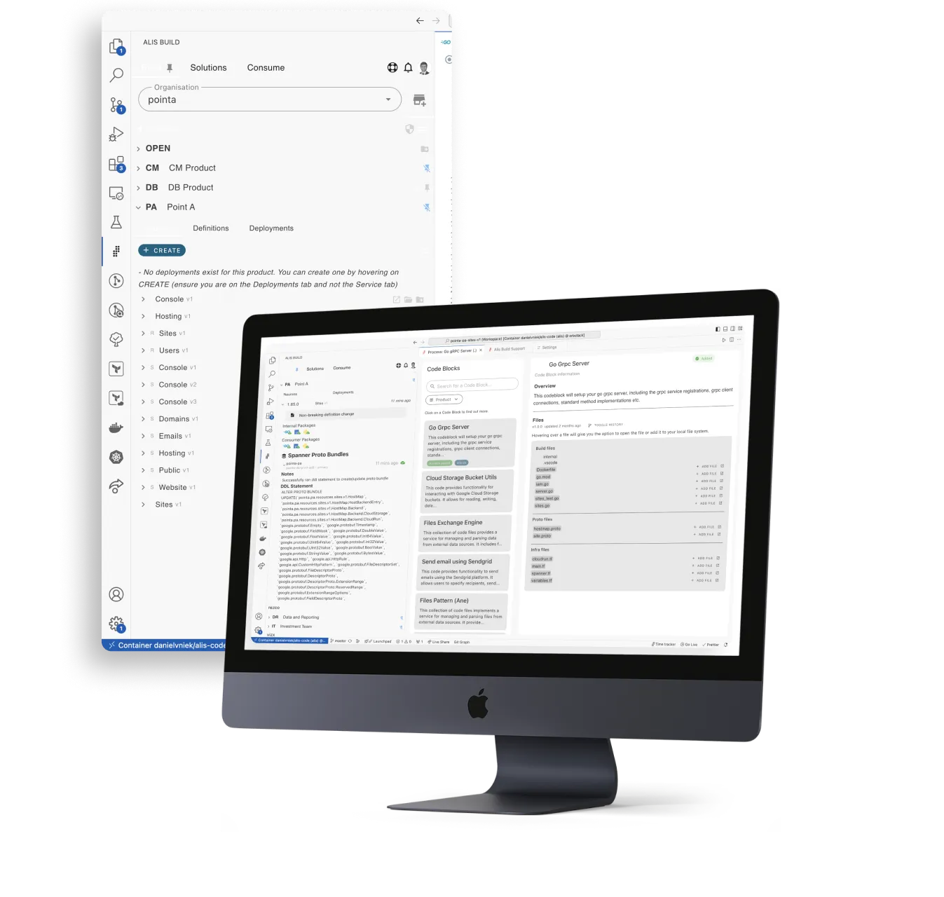 Alis Build Solutions Platform Dashboard on a Mac computer as a comprehensive tool for clients to build secure and scalable enterprise-grade software faster.